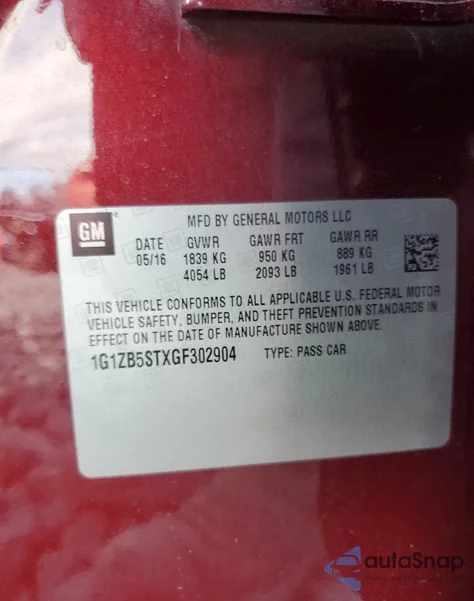 2016 Chevrolet Malibu Ls из США, поврежденный, VIN 1G1ZB5STXGF302904